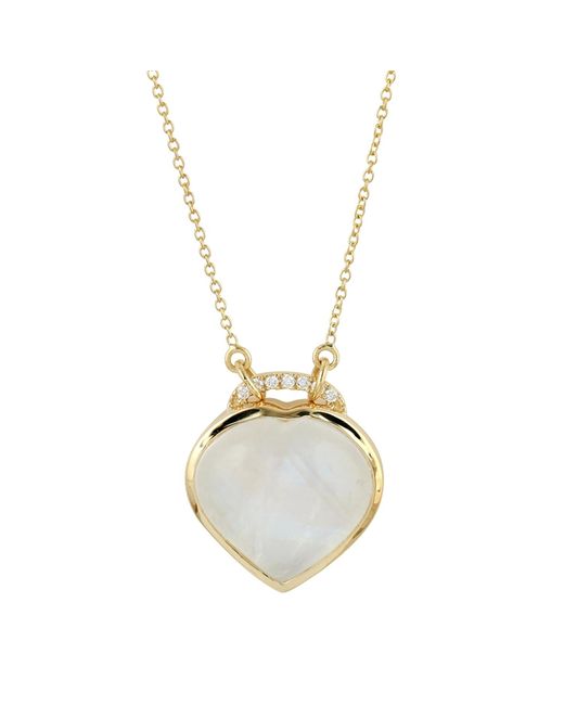 Artisan Metallic Heart Shaped Moonstone Pave Diamond Love Pendant 18k Gold Chain Necklace