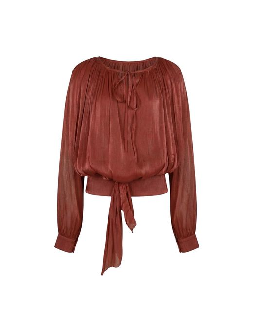 Modenaire Brown Gathered Tie-Neck Blouse With Blouson Silhouette And Waist Tie