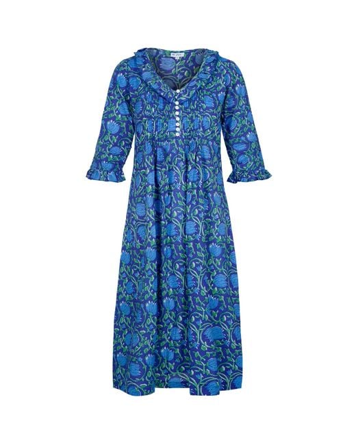 At Last Blue Cotton Karen 3/4 Sleeve Day Dress In Royal With & Green Flower