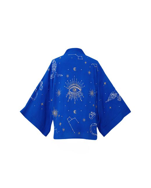 Artemis Muse Blue Cosmos Embroidered Electric, Ivory & Fully Lined Short Kimono
