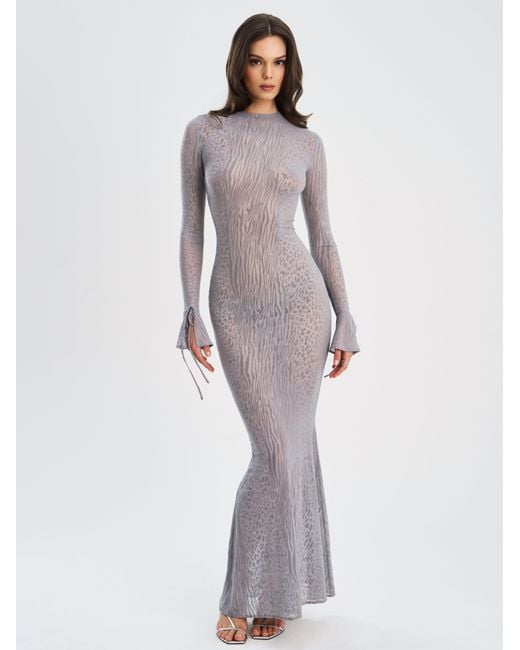 Miss Circle New York Gray Waylynn Animal Print Burnout Velvet Detail Mesh Backless Maxi Dress