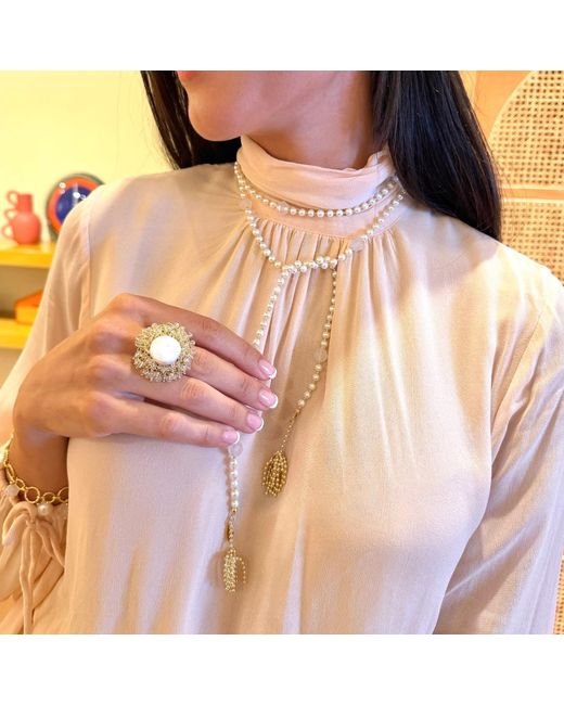 Farra Metallic Freshwater Pearl And Agate With Tassel Open End Long Necklace