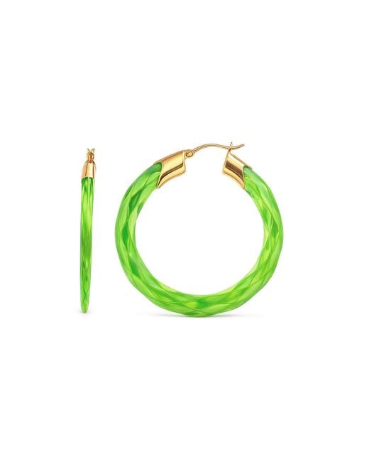 Gold & Honey Green Peridot Swirl Twist Lucite Birthstone Hoop Earrings