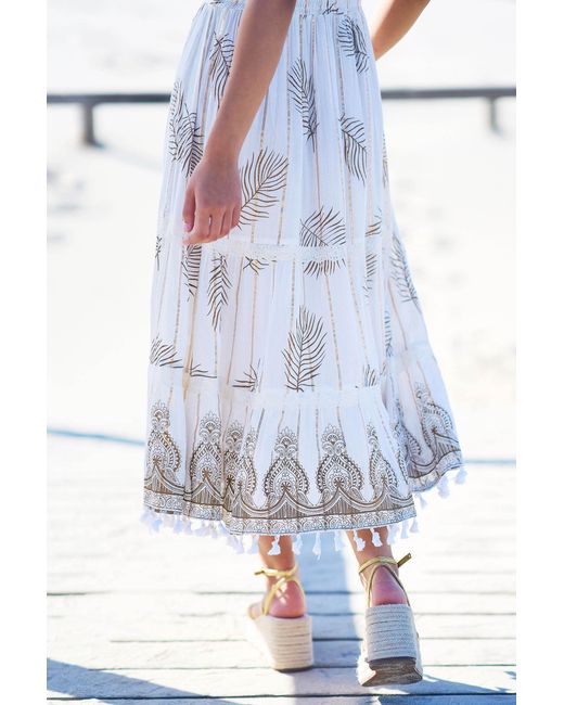 Yumi' Blue Neutrals Ivory Foil Print Midi Sun Dress With Lace Trims