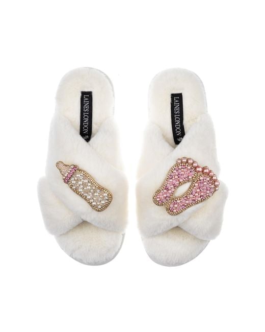 Laines London White Classic Laines Slippers With New Baby Girl Brooches