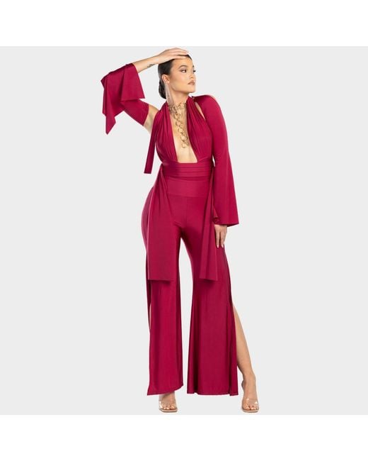 ANTONINIAS Red Plonger Deep Plunge Halter Neck Swimsuit With Decorative Belt