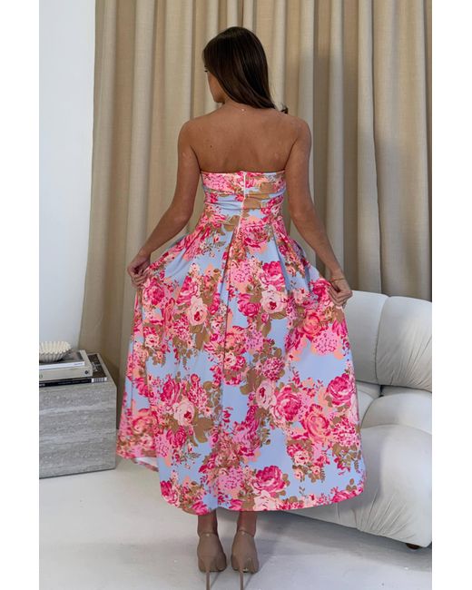 Girl In Mind Pink Danni Strapless Bandeau Midi Dress Floral