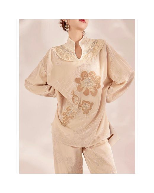 Wjy Studio London Natural Neutrals Embroidered Detail Floral Tunic