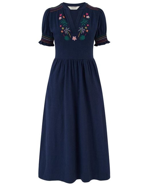 Sugarhill Blue Esme Jersey Midi Dress, Tropic Palm Embroidery