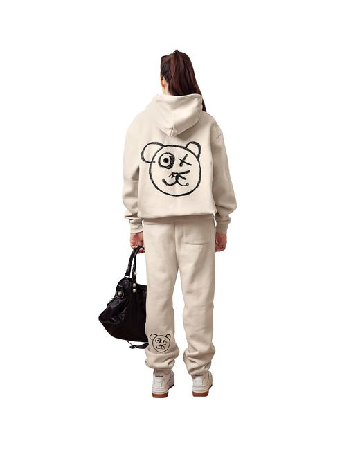X Ilona Blue White Neutrals Graffiti Teddy Bear Cotton Cream Vintage Wash Hoodie for men
