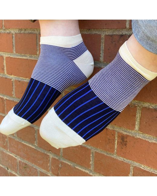Peper Harow - Made in England Blue Multistripe & Oxford Stripe Trainer Socks Bundle for men
