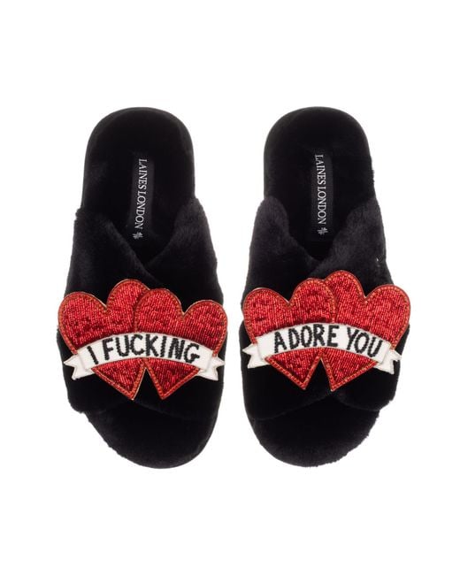 Laines London Black Classic Laines Slippers With I Fucking Adore You Brooches