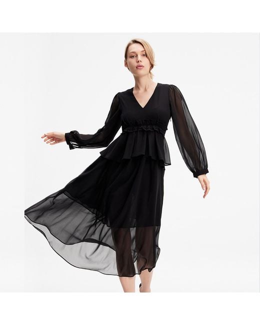 Smart and Joy Black Long Ruffle Chiffon Dress