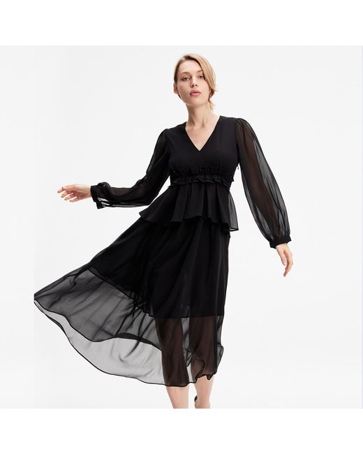 Smart and Joy Black Long Ruffle Chiffon Dress