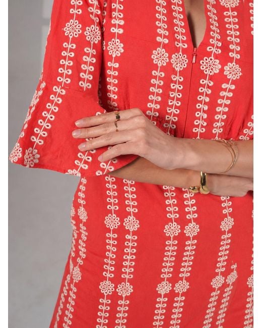 Rose & Nancy Cat Coral Embroidered Midi Dress