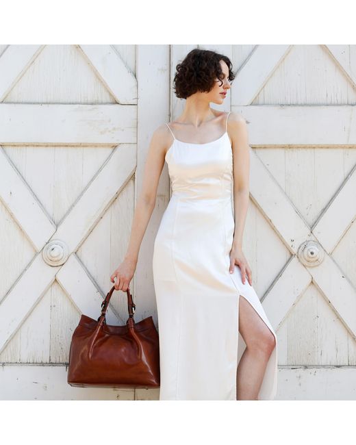 Time Resistance Brown Cognac Leather Tote Bag For