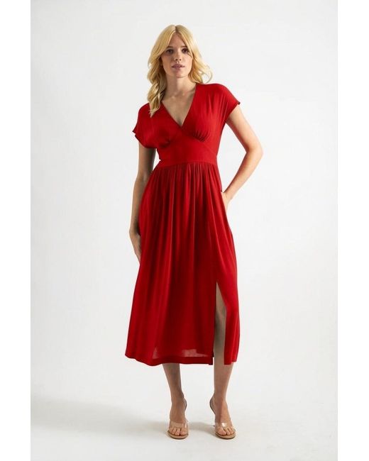 Louche Red Unity Linen Mix V-Neck Midi Dress