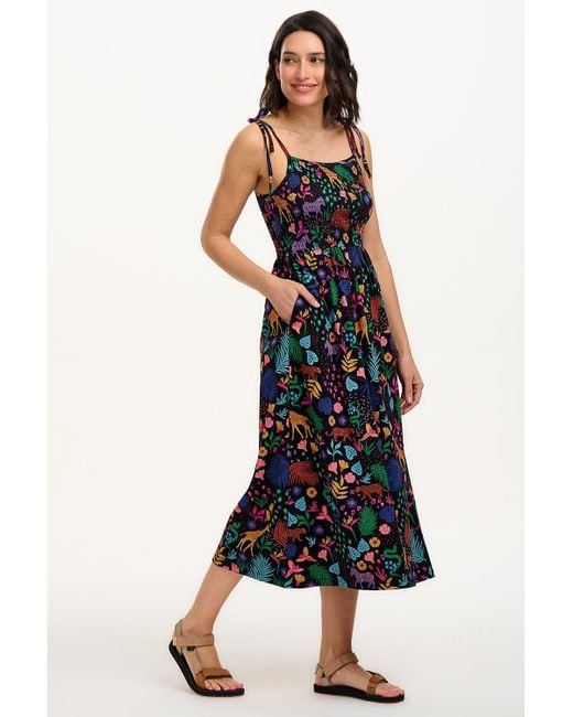 Sugarhill Blue Willa Shirred Jersey Midi Dress, Multi, Jungle Spirit