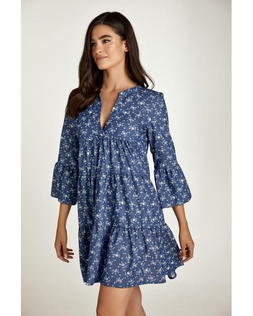 Conquista Blue Floral A Line Dress With Bell Sleeves
