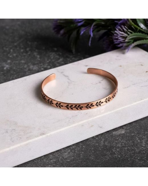 Anatoliacraft Brown Engraved Copper Leaf Cuff Bracelet