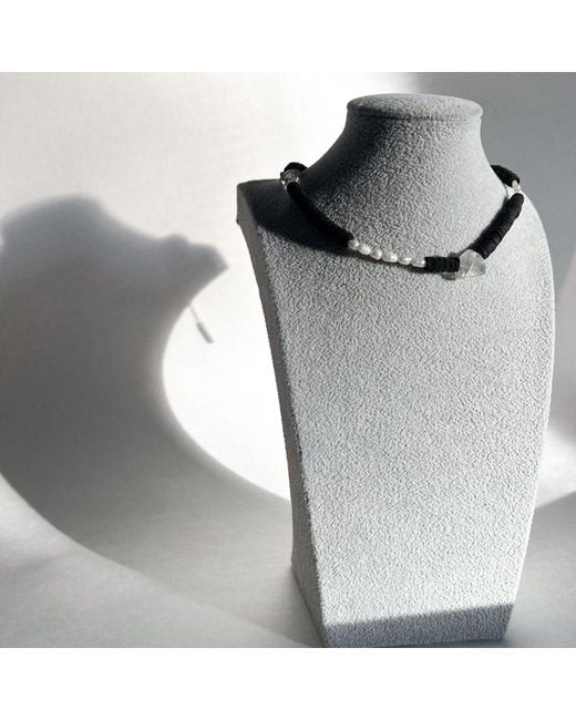 WAIWAI Black Leather Necklace With Pearls And Clear Quartz Crystals