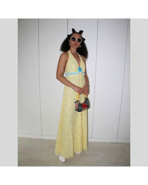 Couture to Your Door Yellow Butter Lace Maxi Halter Neck Dress
