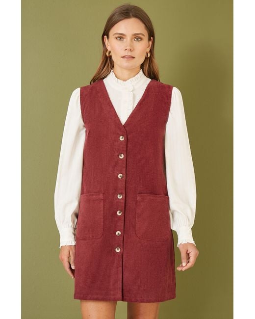 Yumi' Red Burgundy Cord Button Through Pinafore Dress With Pockets