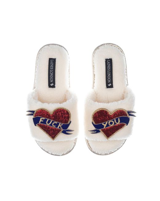 Laines London White Teddy Toweling Slipper Sliders With Fuck You Brooches