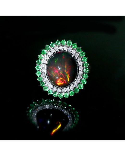 Artisan Green 18k White Gold In Oval Cut Opal & Emerald Pave Diamond Vintage Cocktail Ring