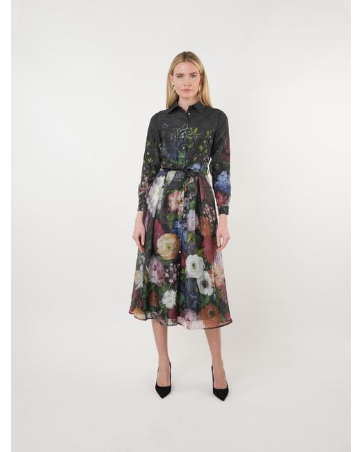 John Abgin Black Taffeta Floral Placement Print Shirt Dress
