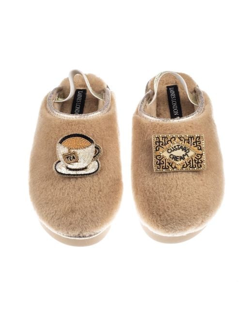Laines London Brown Neutrals Flatform Cloud Closed Toe Slippers With Tea & Biscuit Brooches