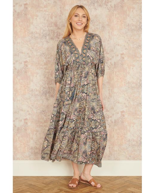 Yumi' Gray Multicolour Paisley Print Midi Kimono Dress With Tie Back