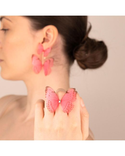 Oana Savu Pink Hot Summer Adjustable Silk Butterfly Ring Sterling Fairy Wings
