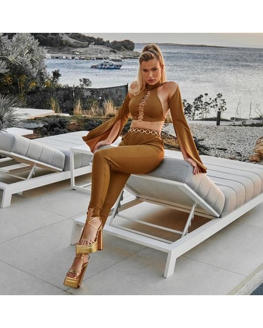 ANTONINIAS Natural Panama Halterneck Tie Fastening Bikini Top With Golden Details