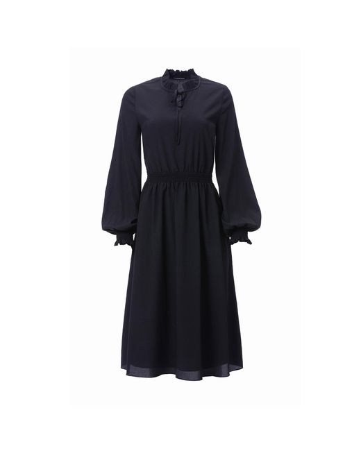 Carloslines Blue Front Neck Tie Smocked Waist Long Sleeve Midi Dress