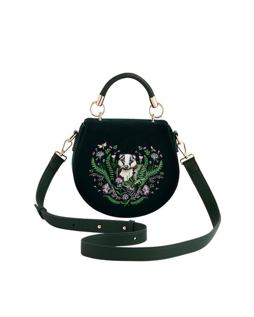 Fable England Black Badger Embroidered Top Handle Saddle Bag