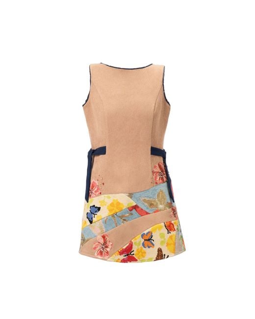Rondooz White Hand Painted Corduroy Mini Dress With Antique French Gobelin Tapestry & Hand Applied Embellishment
