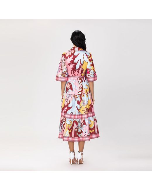 Smart and Joy Blue Midi Shirt Dress With Artistic Print And Tied Belt