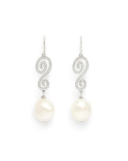 Pearls of the Orient Online White Stella Long Pave Swirl Earrings With Baroque Cultured Freshwater Pearl Drops