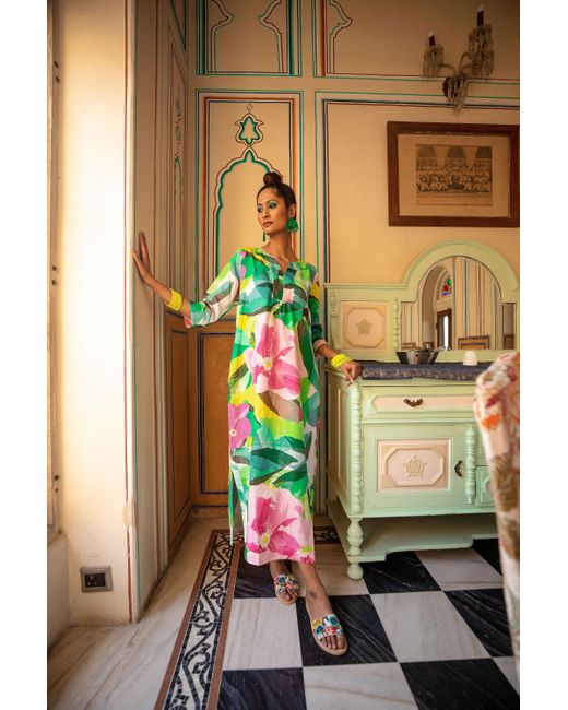 NoLoGo-chic Green Paper Rose Print Linen Maxi Dress