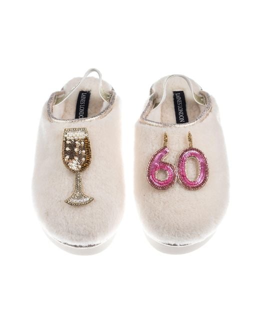 Laines London Multicolor Neutrals Flatform Cloud Closed Toe Slippers With 60Th Birthday & Champagne Glass Brooches