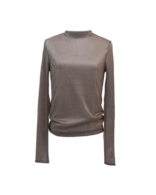 Janara Jones Brown Golden Shimmering Mesh Crew-Neck Long-Sleeve Stretch Top