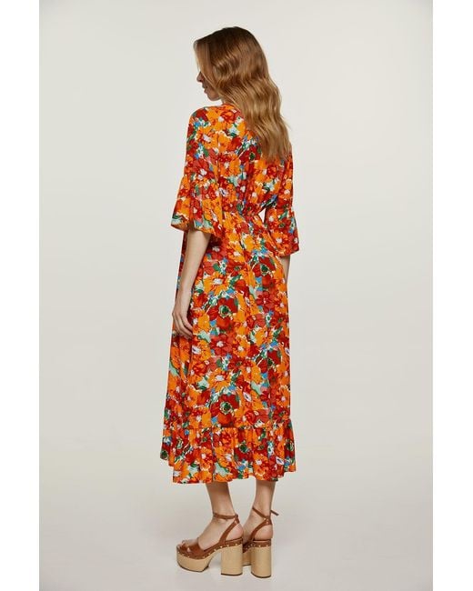 Conquista Orange Floral Ruffle Detail Midi Dress