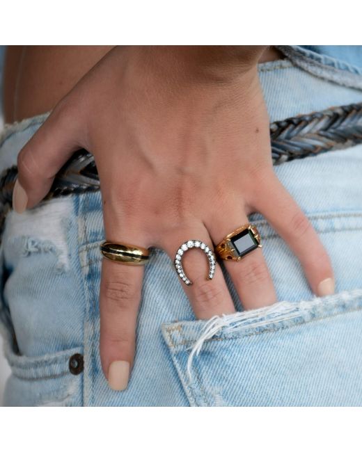 Scream Pretty Metallic & Black Horseshoe Ring With Clear Stones