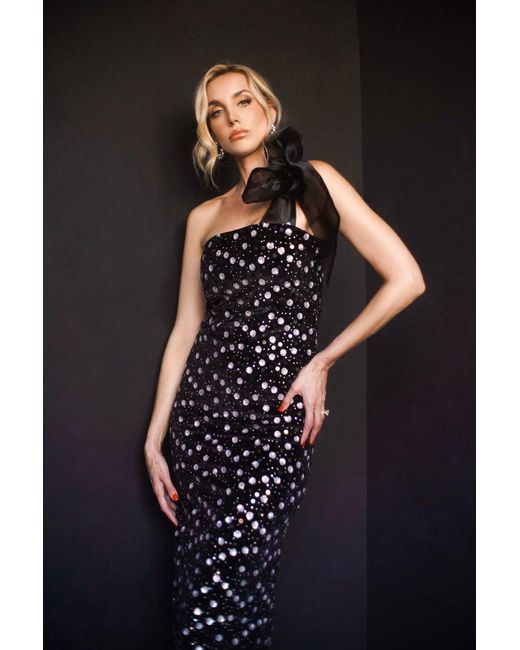 Zetaye Black Lydia Sequin One Shoulder Bow Dress