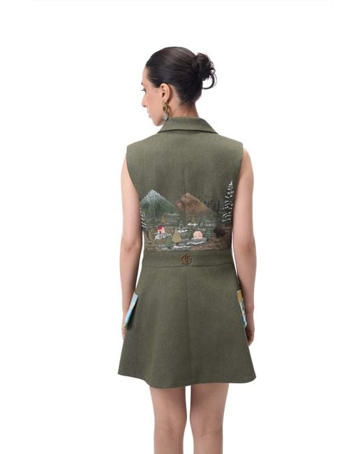 Rondooz Green Hand Painted Denim Mini Dress With Antique French Gobelin Tapestry & Hand Applied Embellishmen