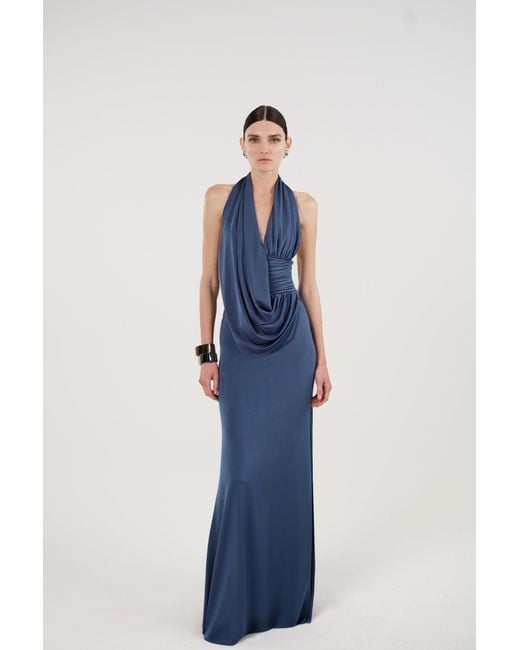 Nocturne Blue Draped Halter Neck Maxi Dress