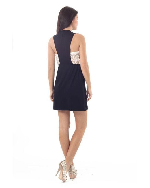 Conquista Black Lace Detail Stretch Mini Dress High Scoop Neck