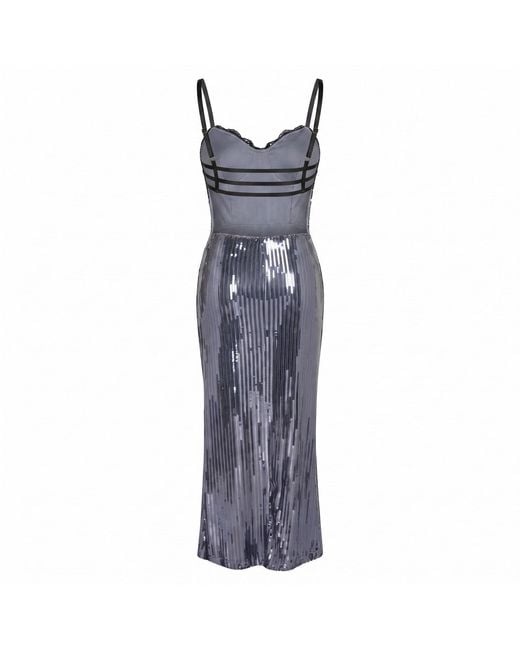 Modenaire Purple Sequin Maxi Dress With Lace Bustier Top And Strappy Open Back Detail