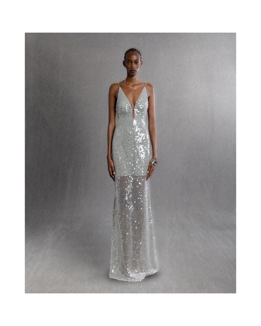 Aisl Gray Sequin Plunge Gown
